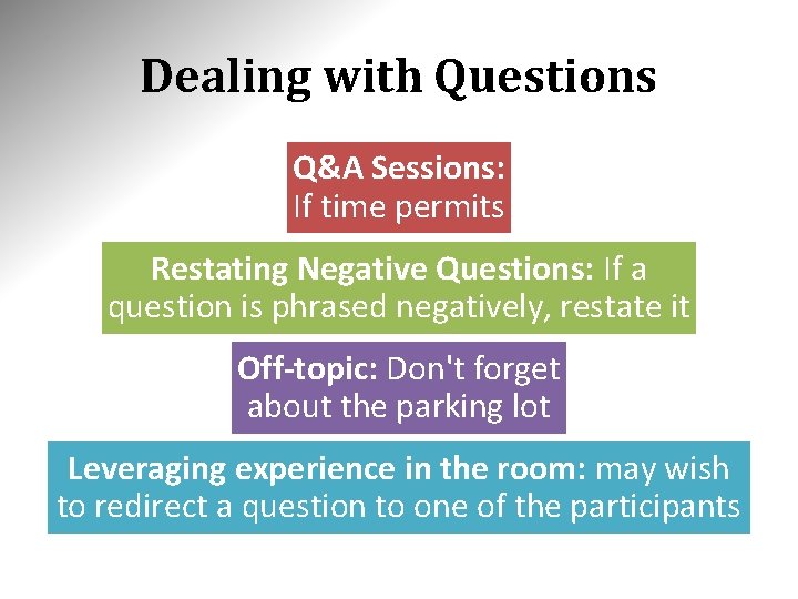 Dealing with Questions Q&A Sessions: If time permits Restating Negative Questions: If a question