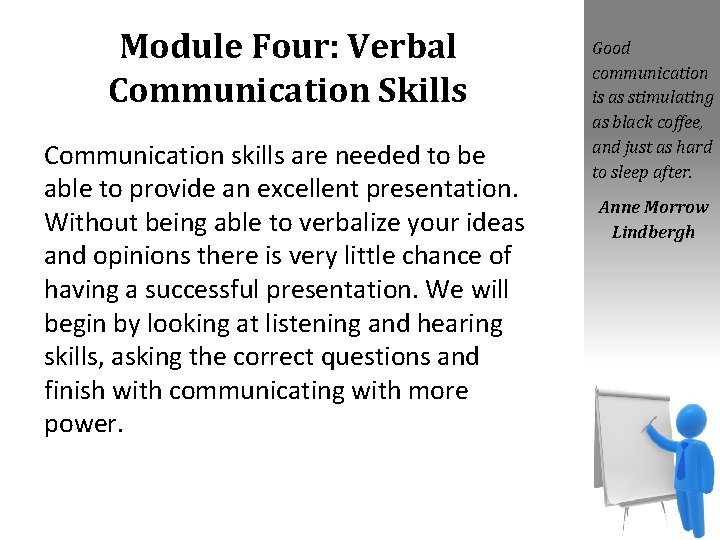 Module Four: Verbal Communication Skills Communication skills are needed to be able to provide