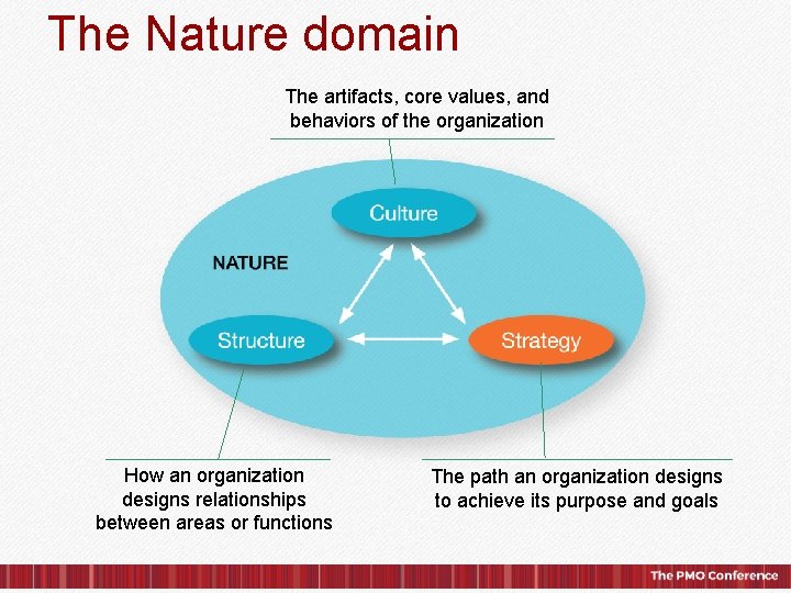 The Nature domain The artifacts, core values, and behaviors of the organization How an