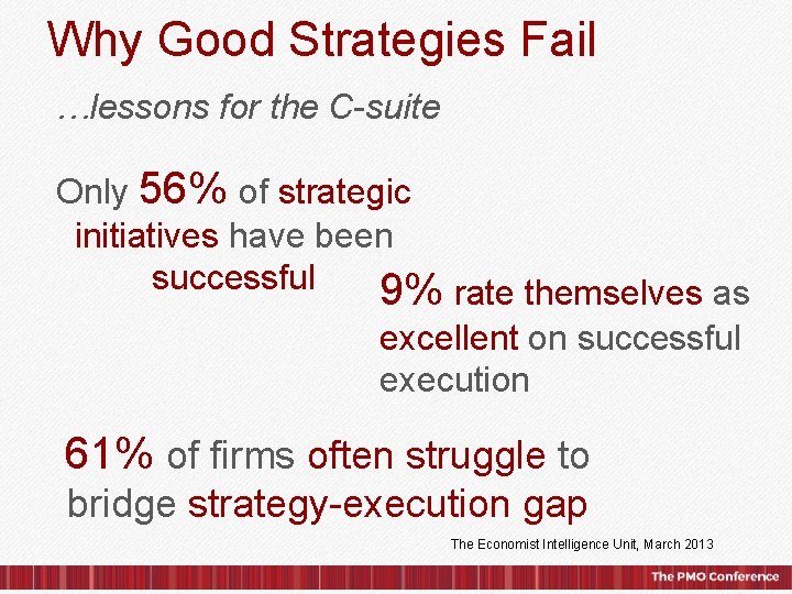 Why Good Strategies Fail …lessons for the C-suite Only 56% of strategic initiatives have