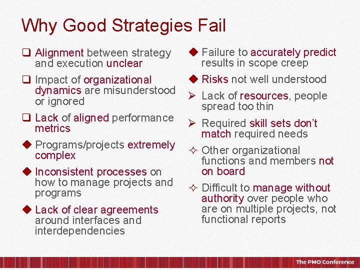 Why Good Strategies Fail q Alignment between strategy and execution unclear q Impact of
