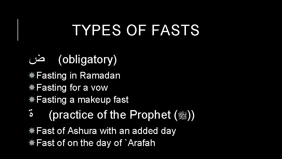 TYPES OF FASTS ( ﺽ obligatory) Fasting in Ramadan Fasting for a vow Fasting