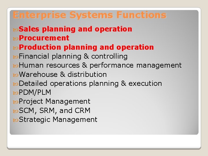 Enterprise Systems Functions Sales planning and operation Procurement Production planning and operation Financial planning