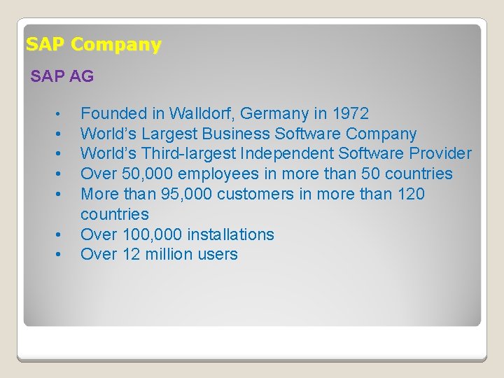 SAP Company SAP AG • • Founded in Walldorf, Germany in 1972 World’s Largest