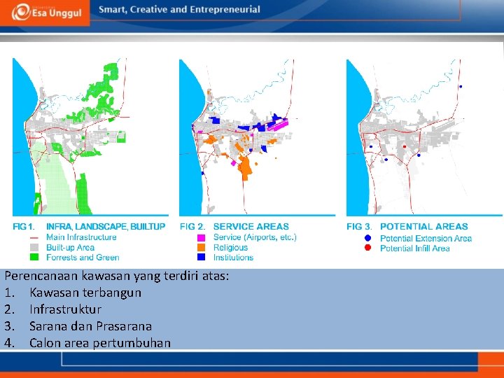 Perencanaan kawasan yang terdiri atas: 1. Kawasan terbangun 2. Infrastruktur 3. Sarana dan Prasarana