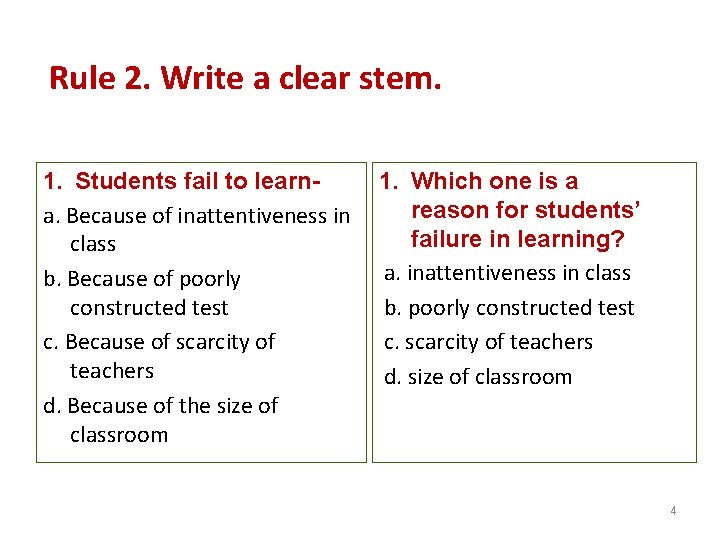 Rule 2. Write a clear stem. 1. Students fail to learna. Because of inattentiveness