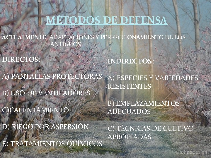 MÉTODOS DE DEFENSA ACTUALMENTE- ADAPTACIONES Y PERFECCIONAMIENTO DE LOS ANTIGUOS DIRECTOS: INDIRECTOS: A) PANTALLAS