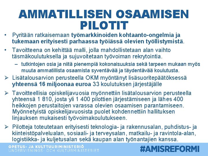 AMMATILLISEN OSAAMISEN PILOTIT • Pyritään ratkaisemaan työmarkkinoiden kohtaanto-ongelmia ja tukemaan erityisesti parhaassa työiässä olevien