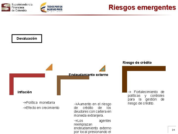 Riesgos emergentes Devaluación Riesgo de crédito Endeudamiento externo Inflación Política monetaria Efecto en crecimiento