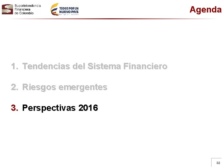 Agenda 1. Tendencias del Sistema Financiero 2. Riesgos emergentes 3. Perspectivas 2016 32 
