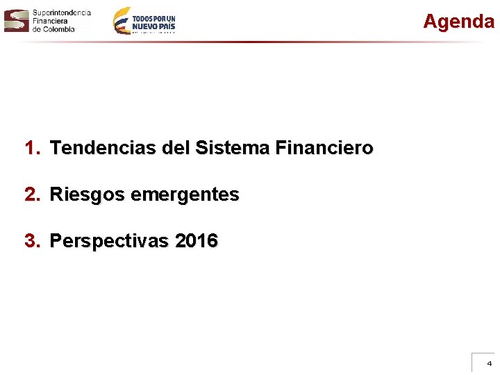 Agenda 1. Tendencias del Sistema Financiero 2. Riesgos emergentes 3. Perspectivas 2016 4 