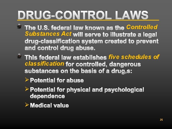 DRUG-CONTROL LAWS The U. S. federal law known as the Controlled Substances Act will