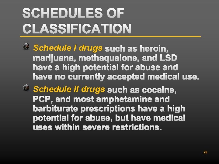 SCHEDULES OF CLASSIFICATION Schedule I drugs such as heroin, marijuana, methaqualone, and LSD have