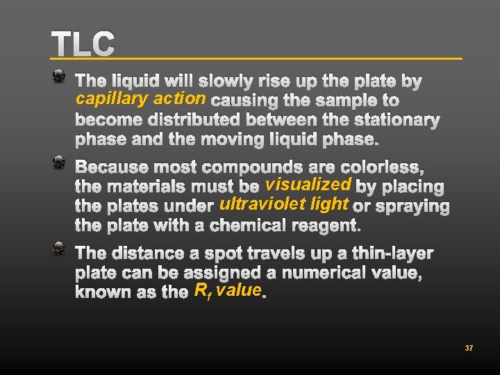 TLC The liquid will slowly rise up the plate by capillary action causing the