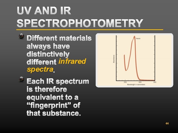 UV AND IR SPECTROPHOTOMETRY Different materials always have distinctively different infrared spectra. Each IR