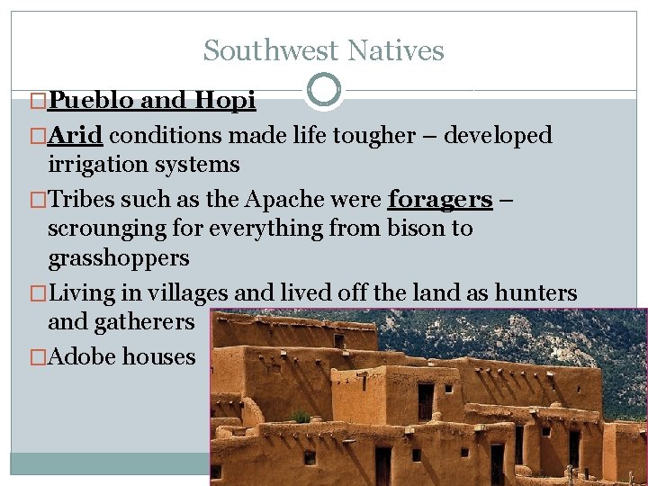 Southwest Natives �Pueblo and Hopi �Arid conditions made life tougher – developed irrigation systems