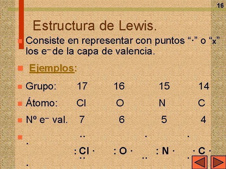 16 Estructura de Lewis. n Consiste en representar con puntos “·” o “x” los