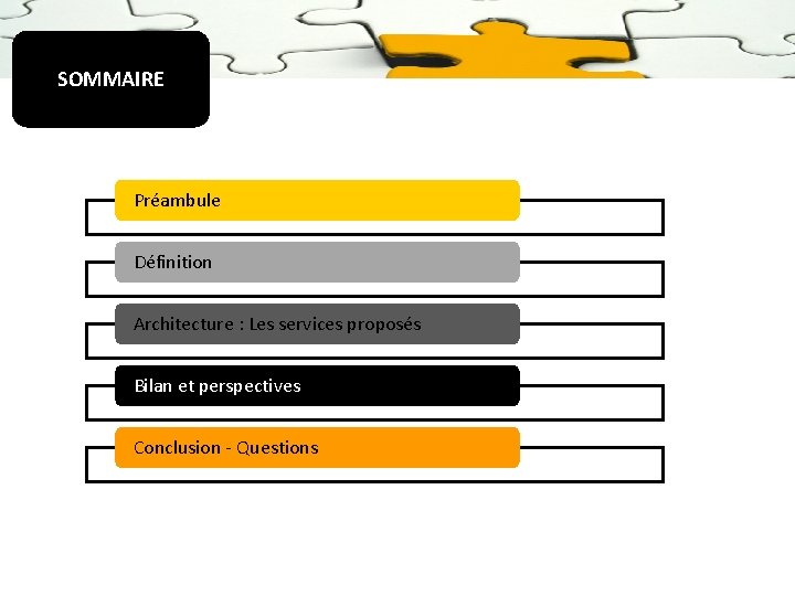 SOMMAIRE Préambule Définition Architecture : Les services proposés Bilan et perspectives Conclusion - Questions