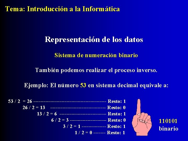 Tema: Introducción a la Informática Representación de los datos Sistema de numeración binario También