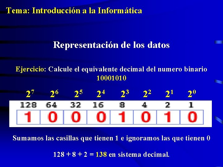 Tema: Introducción a la Informática Representación de los datos Ejercicio: Calcule el equivalente decimal