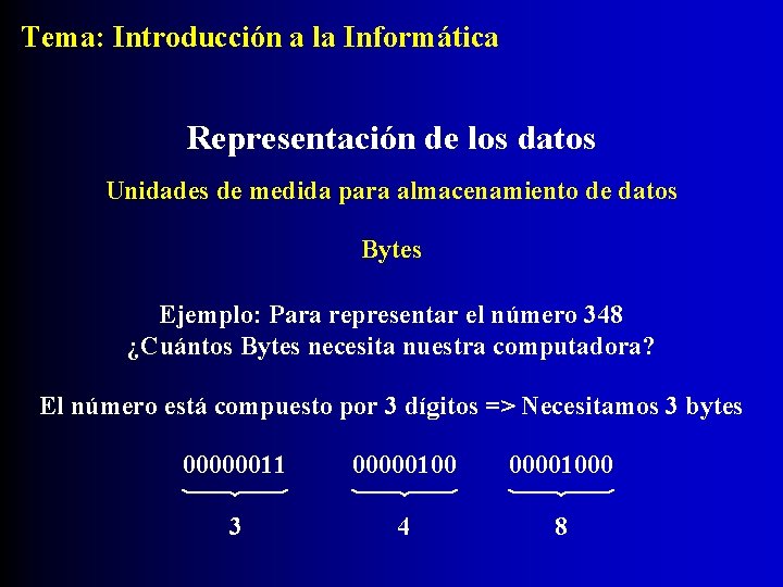 Tema: Introducción a la Informática Representación de los datos Unidades de medida para almacenamiento