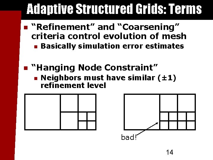 Adaptive Structured Grids: Terms “Refinement” and “Coarsening” criteria control evolution of mesh Basically simulation