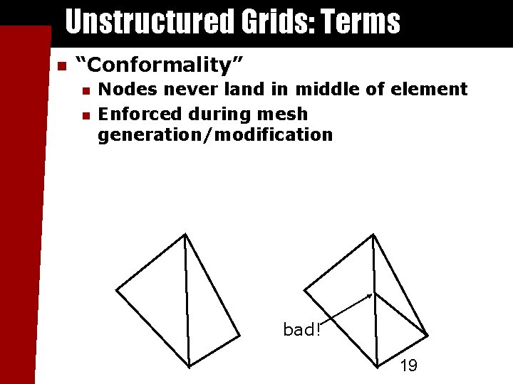 Unstructured Grids: Terms “Conformality” Nodes never land in middle of element Enforced during mesh