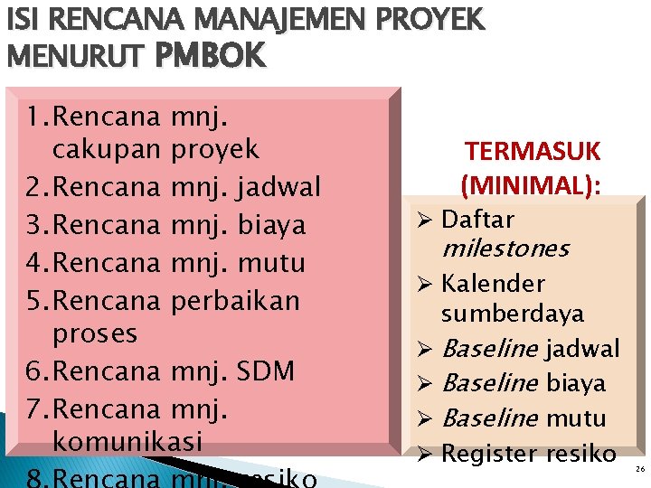 ISI RENCANA MANAJEMEN PROYEK MENURUT PMBOK 1. Rencana mnj. cakupan proyek 2. Rencana mnj. ISI RENCANA MANAJEMEN PROYEK MENURUT PMBOK 1. Rencana mnj. cakupan proyek 2. Rencana mnj.