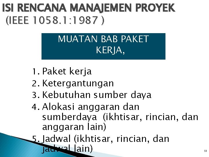 ISI RENCANA MANAJEMEN PROYEK (IEEE 1058. 1: 1987 ) MUATAN BAB PAKET KERJA, JADWAL ISI RENCANA MANAJEMEN PROYEK (IEEE 1058. 1: 1987 ) MUATAN BAB PAKET KERJA, JADWAL