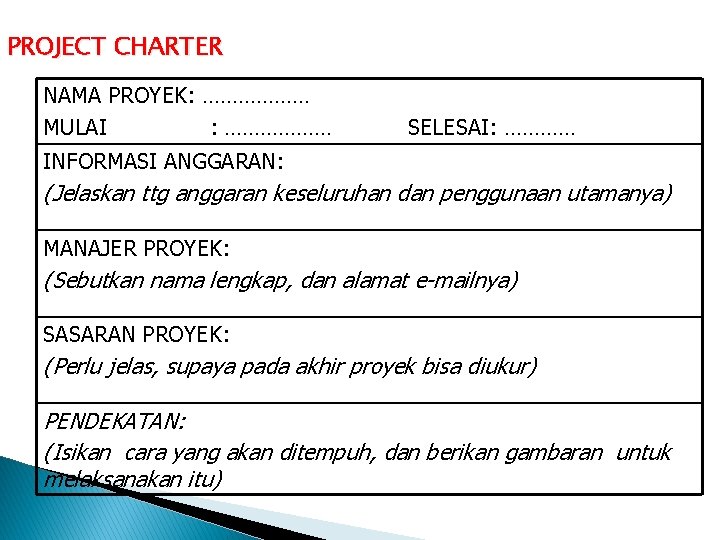 PROJECT CHARTER NAMA PROYEK: ……………… MULAI : ……………… SELESAI: ………… INFORMASI ANGGARAN: (Jelaskan ttg PROJECT CHARTER NAMA PROYEK: ……………… MULAI : ……………… SELESAI: ………… INFORMASI ANGGARAN: (Jelaskan ttg