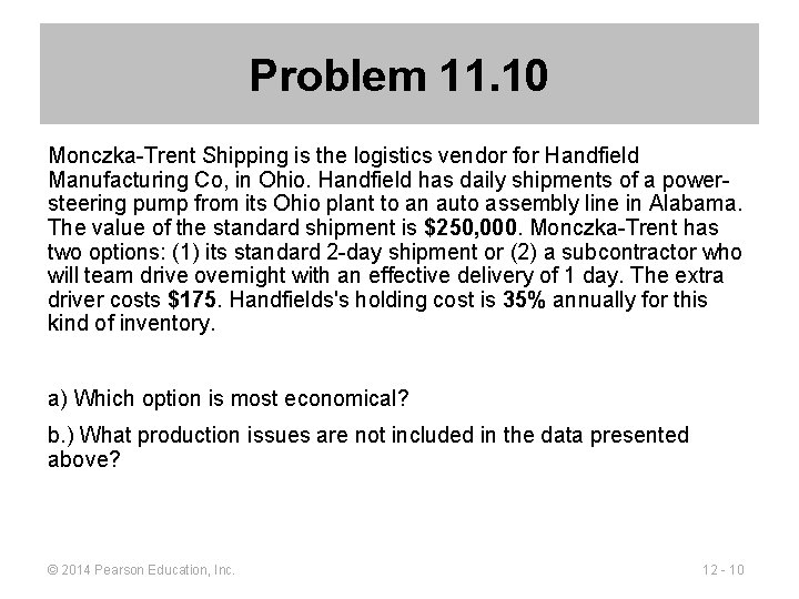 Problem 11. 10 Monczka-Trent Shipping is the logistics vendor for Handfield Manufacturing Co, in
