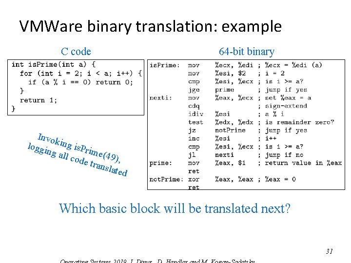 VMWare binary translation: example C code 64 -bit binary Invo loggi king is. Pr