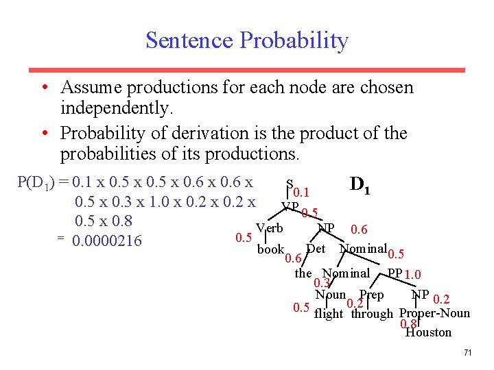Sentence Probability • Assume productions for each node are chosen independently. • Probability of