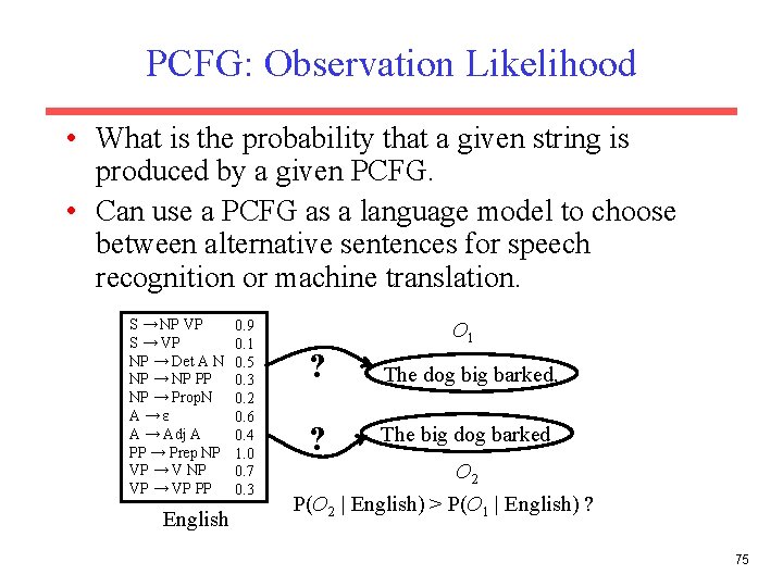 PCFG: Observation Likelihood • What is the probability that a given string is produced