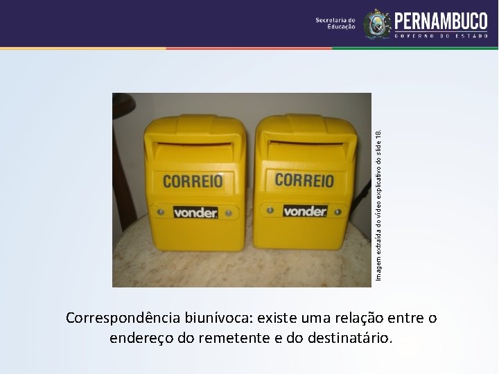 Imagem extraída do vídeo explicativo do slide 18. Correspondência biunívoca: existe uma relação entre