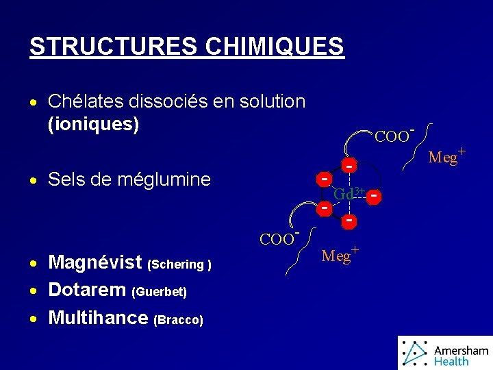 STRUCTURES CHIMIQUES · Chélates dissociés en solution (ioniques) COO- - · Sels de méglumine