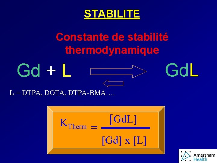 STABILITE Constante de stabilité thermodynamique Gd. L Gd + L L = DTPA, DOTA,