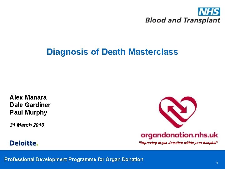 Diagnosis of Death Masterclass Alex Manara Dale Gardiner Paul Murphy 31 March 2010 “Improving