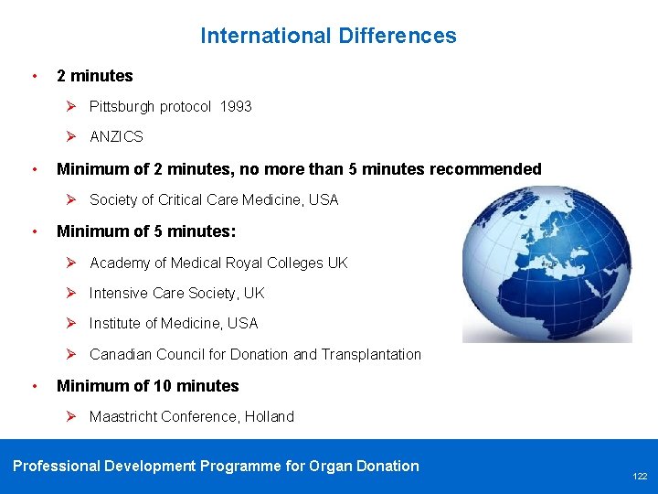 International Differences • 2 minutes Ø Pittsburgh protocol 1993 Ø ANZICS • Minimum of