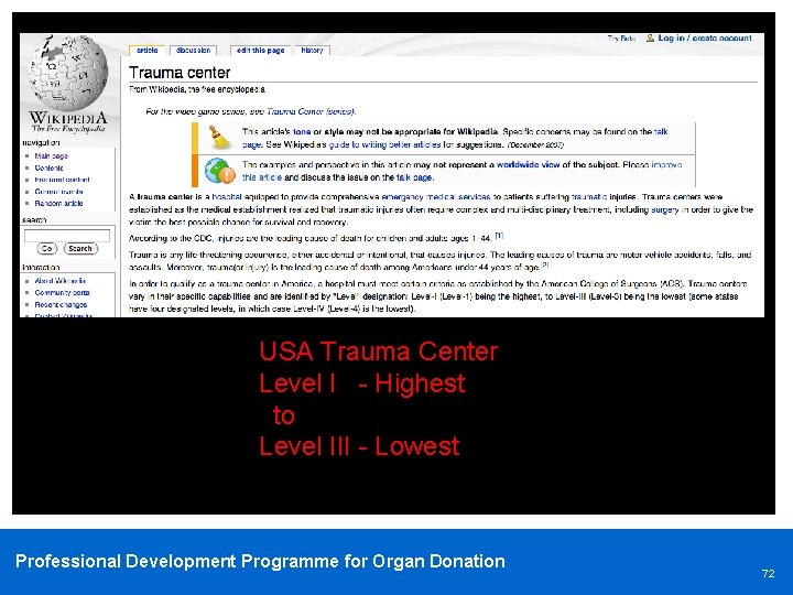 USA Trauma Center Level I - Highest to Level III - Lowest Professional Development