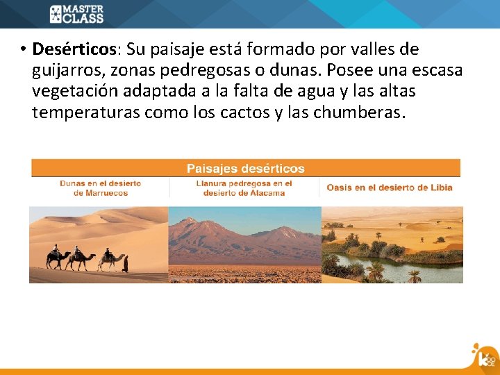  • Desérticos: Su paisaje está formado por valles de guijarros, zonas pedregosas o