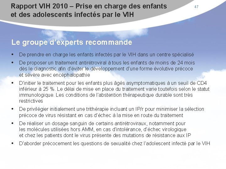Rapport VIH 2010 – Prise en charge des enfants et des adolescents infectés par
