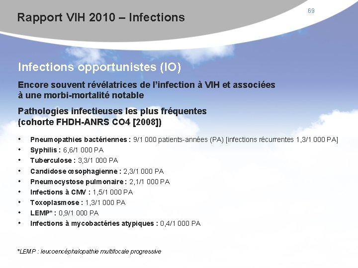 Rapport VIH 2010 – Infections 69 Infections opportunistes (IO) Encore souvent révélatrices de l’infection