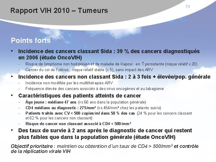 Rapport VIH 2010 – Tumeurs 73 Points forts • Incidence des cancers classant Sida