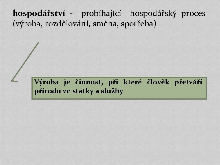 hospodářství - probíhající hospodářský proces (výroba, rozdělování, směna, spotřeba) Výroba je činnost, při které