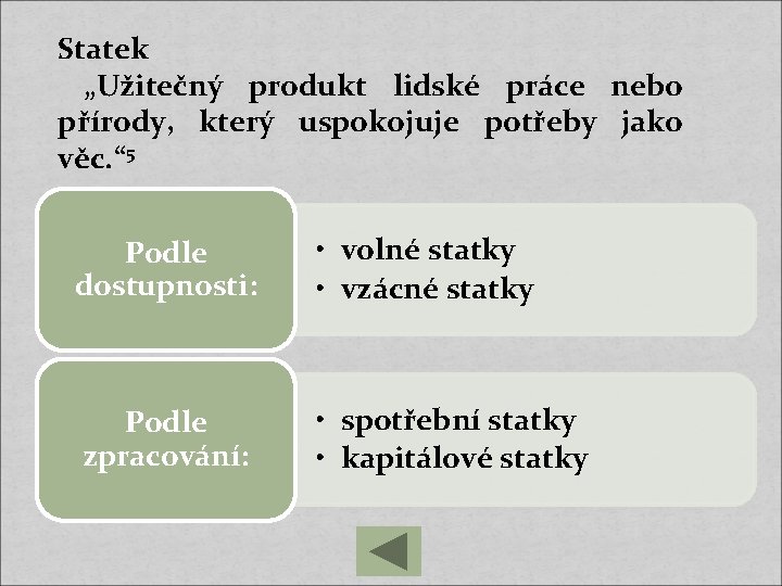 Statek „Užitečný produkt lidské práce nebo přírody, který uspokojuje potřeby jako věc. “ 5