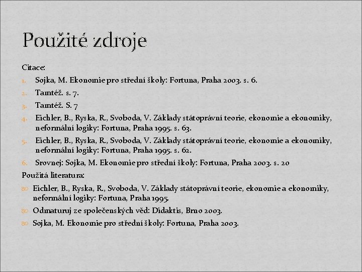 Použité zdroje Citace: 1. Sojka, M. Ekonomie pro střední školy: Fortuna, Praha 2003. s.