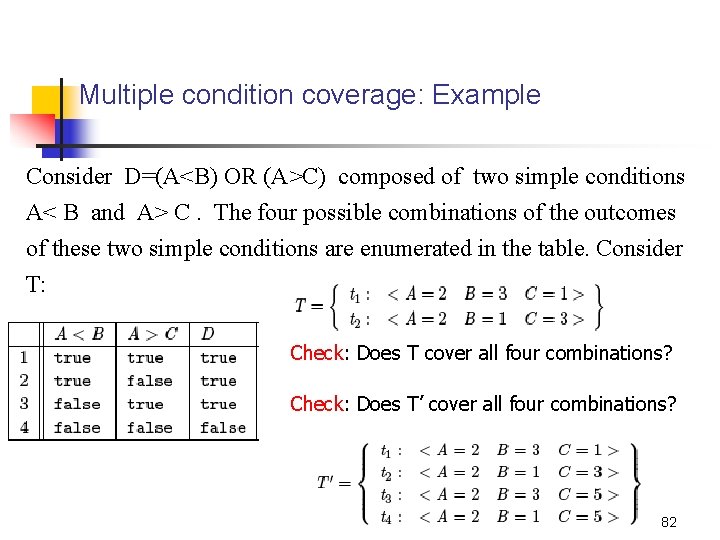 Multiple condition coverage: Example Consider D=(A<B) OR (A>C) composed of two simple conditions A<