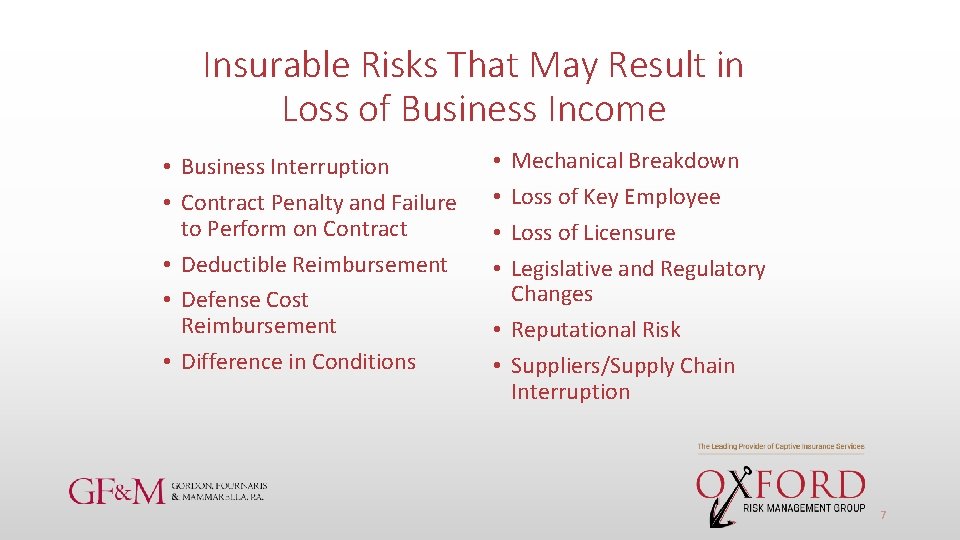 Insurable Risks That May Result in Loss of Business Income • Business Interruption •