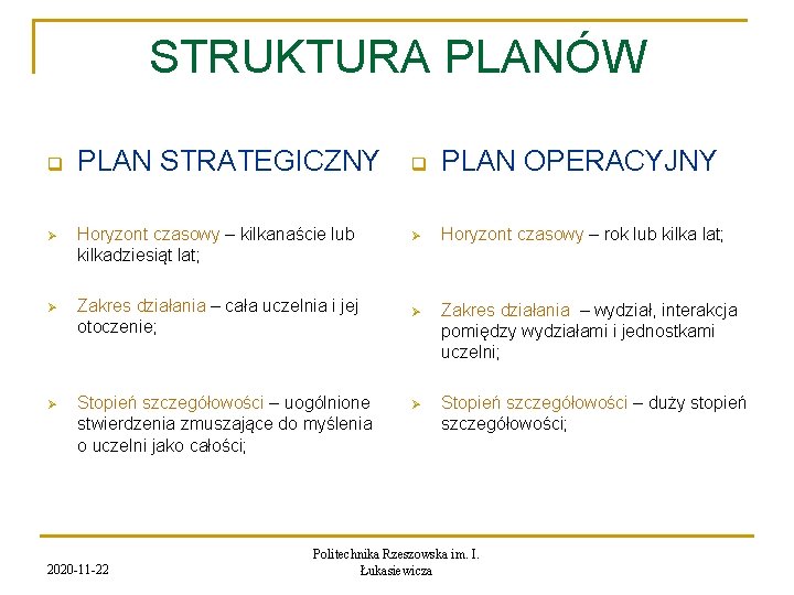 STRUKTURA PLANÓW q PLAN STRATEGICZNY Ø Horyzont czasowy – kilkanaście lub kilkadziesiąt lat; Ø